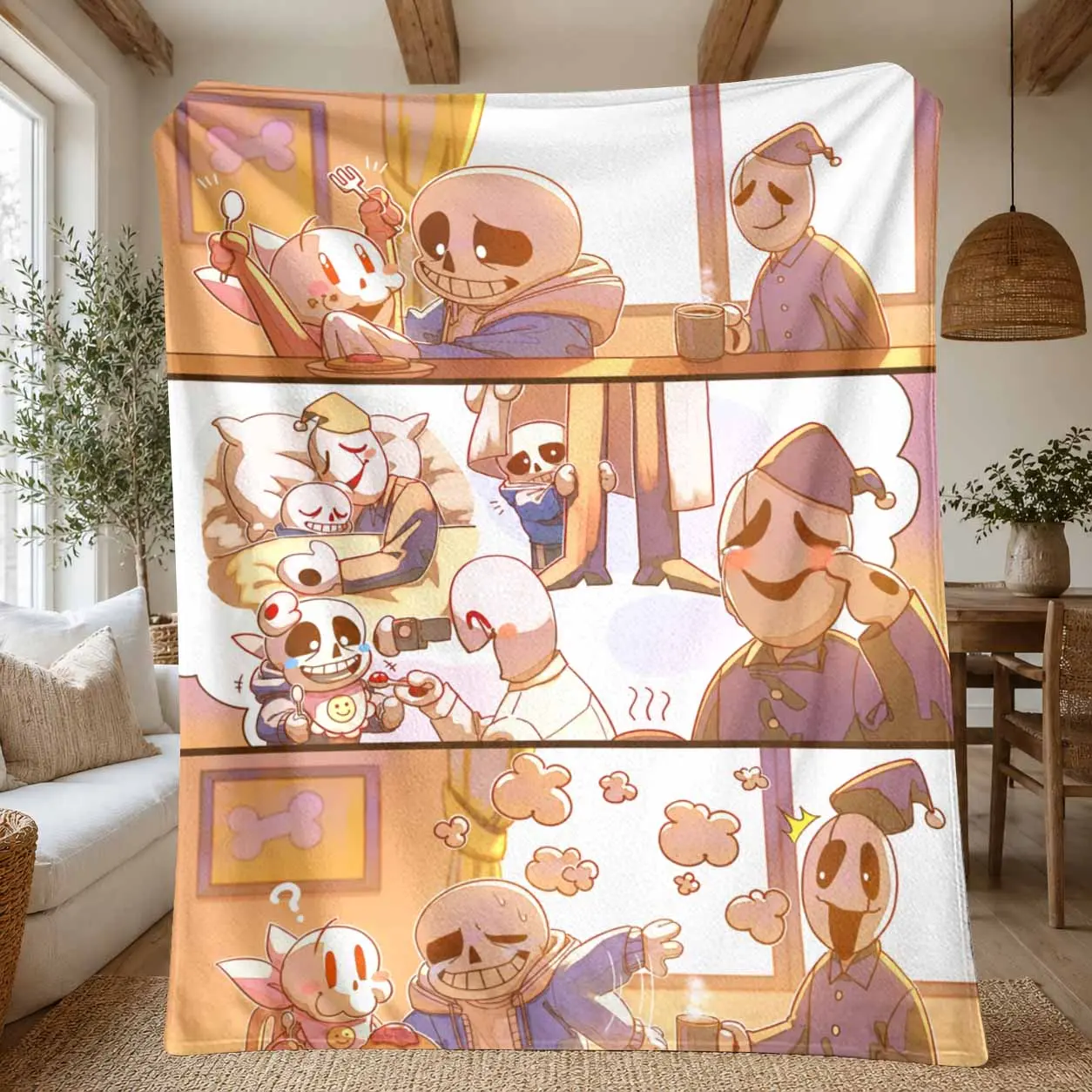 Undertale Family Dinner Flannel Blanket Sans Papyrus Gaster Anime Print Soft Cozy Lightweight Warmth Breathable Material Perfect For Living Room Sofa Bedding Travel Nap Couch Camping Gift