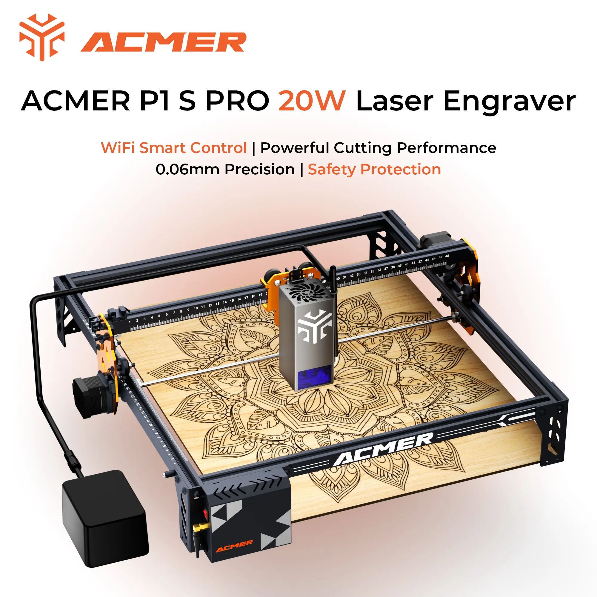 ACMER P1 S Pro 20W Laser Engraver & Cutter | Built-in WiFi Module | 380×350mm Work Area | 10000mm/min High Speed | 0.01mm Precision | 25L/min Air Assist Pump | 300+ Materials