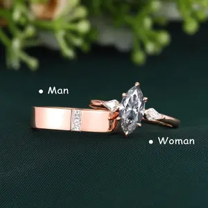 Minimalist Marquise-Cut Gray Moissanite & Princess-Cut Moissanite Couple Ring Set in Solid 14k Rose Gold – His & Hers Wedding Bands, Promise Rings, Anniversary Gift, Matching Engagement & Men’s Band Set
