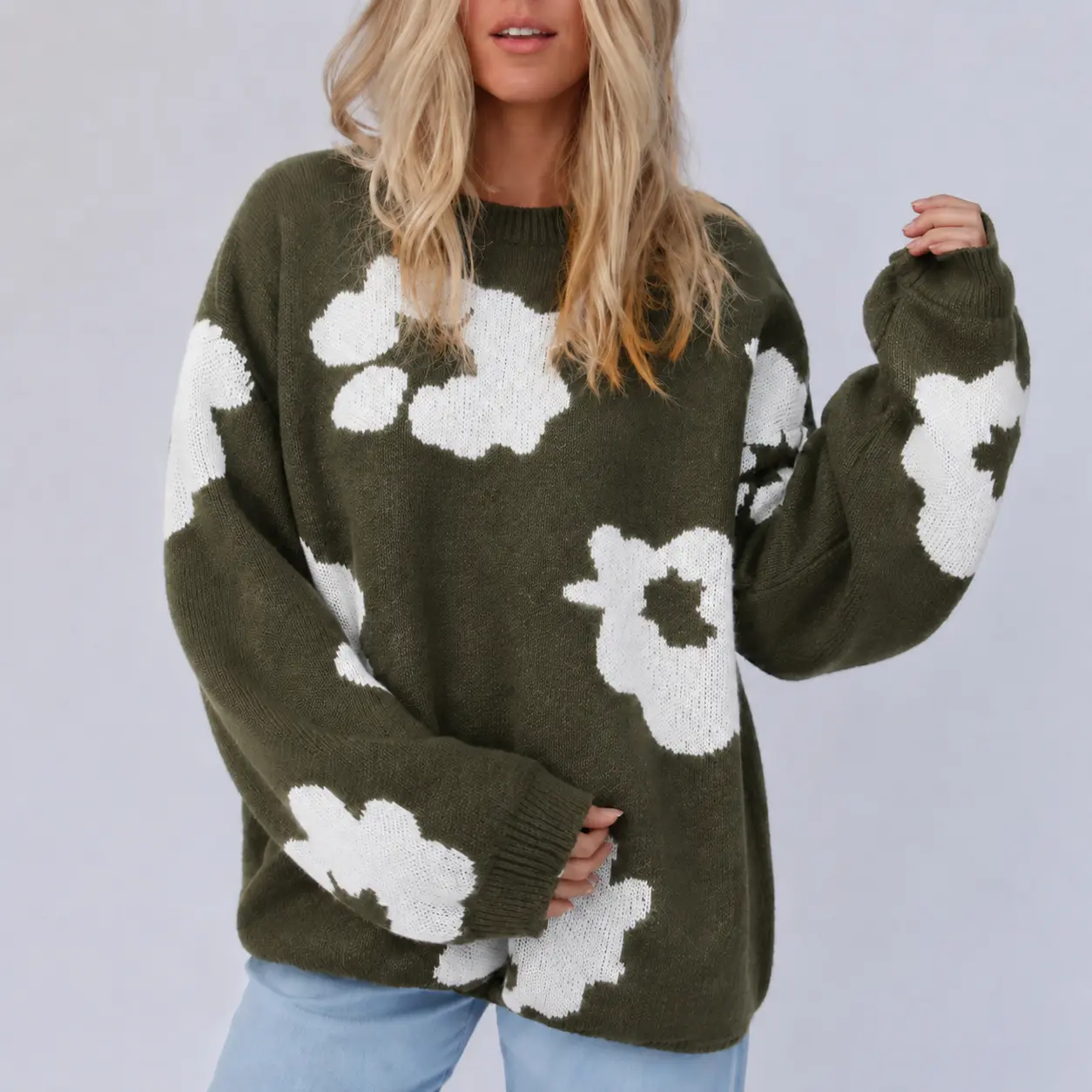 Womens Bold Floral Knit Sweater Cute Graphic Crewneck Pullover Y2K Oversized Relaxed Fit Cozy Fall Winter Tops Lightweight Warm Machine Washable Casual Jumper Olive Green Black S-XL Casual Wear Knitwear