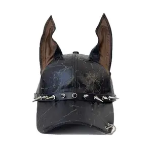 Y2K Style Baseball Caps for Men and Women with American Doberman Ear Patterns Leather Rivet Embellishments Superior Quality Adjustable Leopard Print skull Gothic Letter Embroidered Horns Hat center Brown Mesh Winter Satin Lined Turban Head Wrap