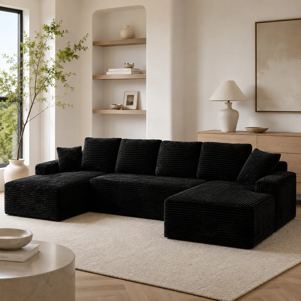 131" Modern Boneless Cloud U-Shape Modular Sectional Sofa, Skin-Friendly Corduroy Upholstered Couch, No Assembly Indoor Living Room Furniture, Comfort Plush Sofa, Long-Lasting Boneless Cloud Couch for Home Living & Entertainment