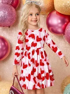 Girls' Long-Sleeve Heart Print Dress Soft Stretchy Fabric Crew Neck Pink Pullover Toddler Boutique Clothes Cute Daily Playwear School Outfit Spring Fall Kids Fashion Sweet Red White Hearts