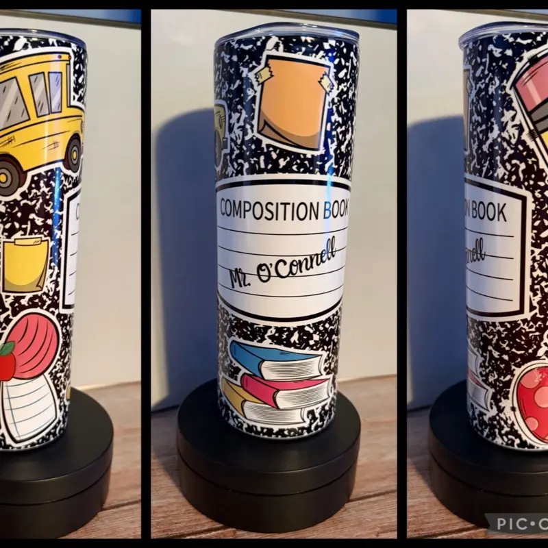 20oz Teacher Composition Notebook Tumbler with Fun School Icons and Personalized Name