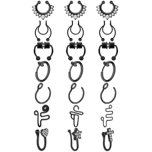 OIDEA 21PCS Clip-In Piercing Jewelry Faux Septum Nose Ring Set, 16G-20G Stainless Steel Alloy, Cubic Zirconia Rhinestone Heart Star Horseshoe Non-Piercing