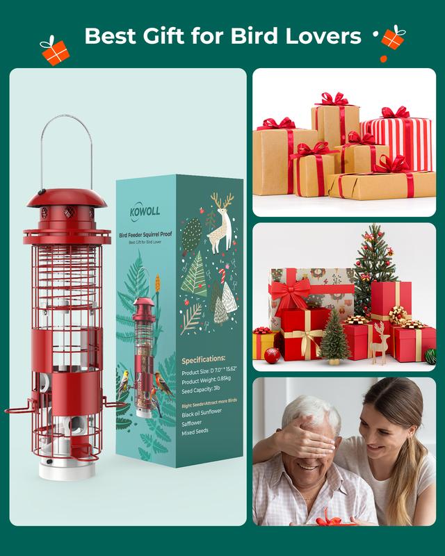 Squirrel Proof Bird Feeder for Outdoor Hanging, Metal Mesh Bird Seed Feeders with Weight-Activated Perches, 3LBs Large Capacity Wild Birdfeeder for Outside, Suitable for Small Medium Birds, Red