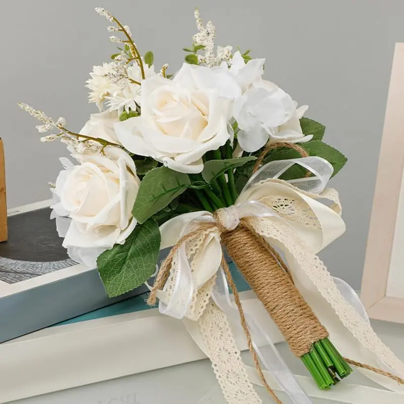 Wedding Bouquets for Bride Romantic, Bouquet White Champagne Artificial Roses Flowers, Wedding Bouquets for Bridesmaid Ceremony Anniversary, Boho Rustic Wedding Church Party Decor