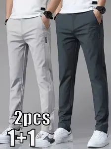 2pcs Summer Men's Business Casual Pants, Slim Fit Straight Leg Long Trousers, Elastic Fashion Home Sports Pants, Breathable Comfort Daily Wear, Casual Fashion Comfy, Casual Loose Fit