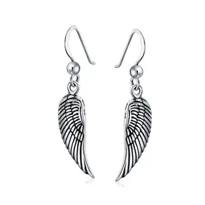 Spiritual Amulet Feathered Heart Angel Wing Dangle Earrings Sterling Silver