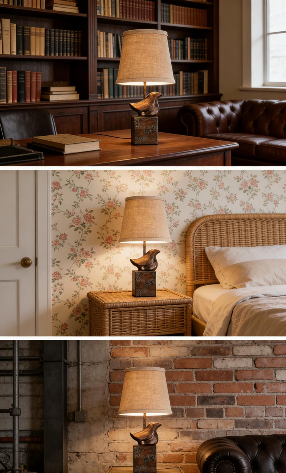 15"Resin Table Lamps for Living Room Country Cottage Farmhouse Lamp for Bedroom Tree Trunk Wood Grain with Oatmeal Fabric Round Shade Vintage Rustic Traditional Nightstand Bedside Lamp