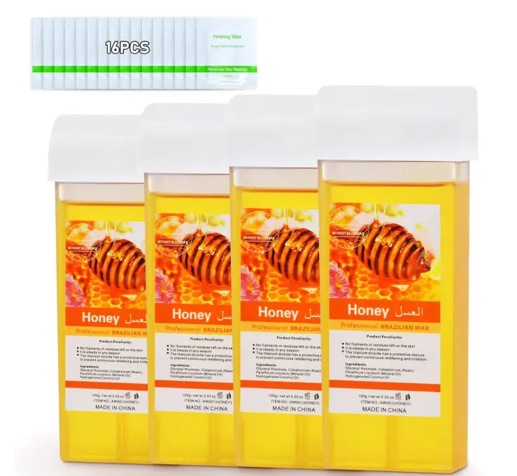 Roll On Wax, Honey Hair Removal Wax Cartridge, Depilatory Wax Roller Refill, 4 Pack - 100% Natural Material, Dermatologically Tested, Easy & Safe to Use, For Body Waxing, Leg and Arms