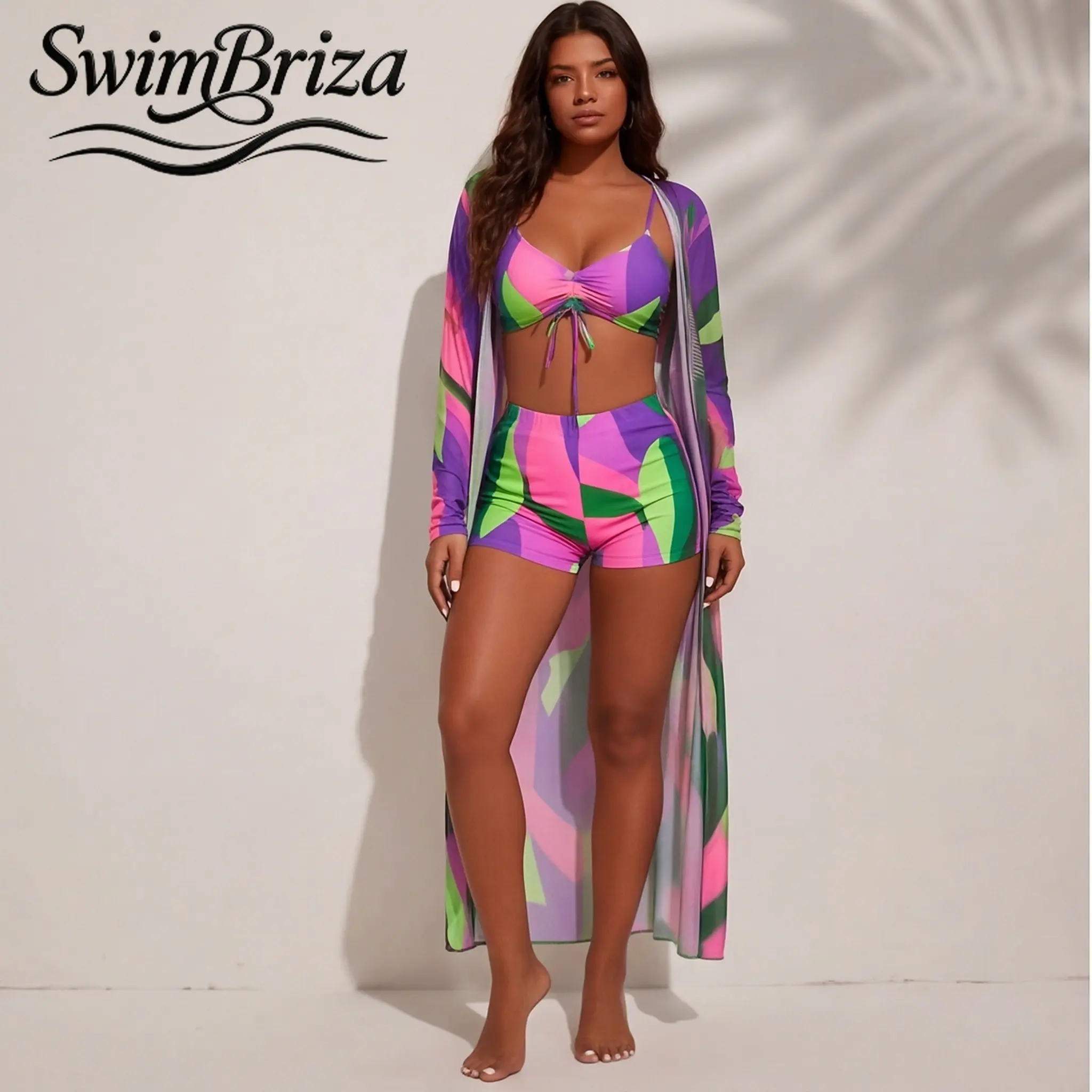 Briza｜Women's Beach Vacation Swimsuit Two Piece Bikini Set High Waisted Swim Shorts Tie Bralette Top with Cover Up Abstract Print Pink Purple Green Pool Party Resort Summer Bathing Suit, Women's Swimwear, Bathing Suit for Women, Cover Up Swimwear