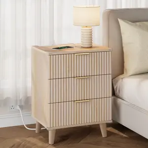Aowos Fluted Nightstands for Bedroom, Modern Bedside Table with 3 Drawers & Charging Station, Fluted Panel End Tables for Bedroom & Living Room, Bedside Cabinet with USB Ports, Nightstand with Storage, Apartment Nightstand, Kids Bedside Table,