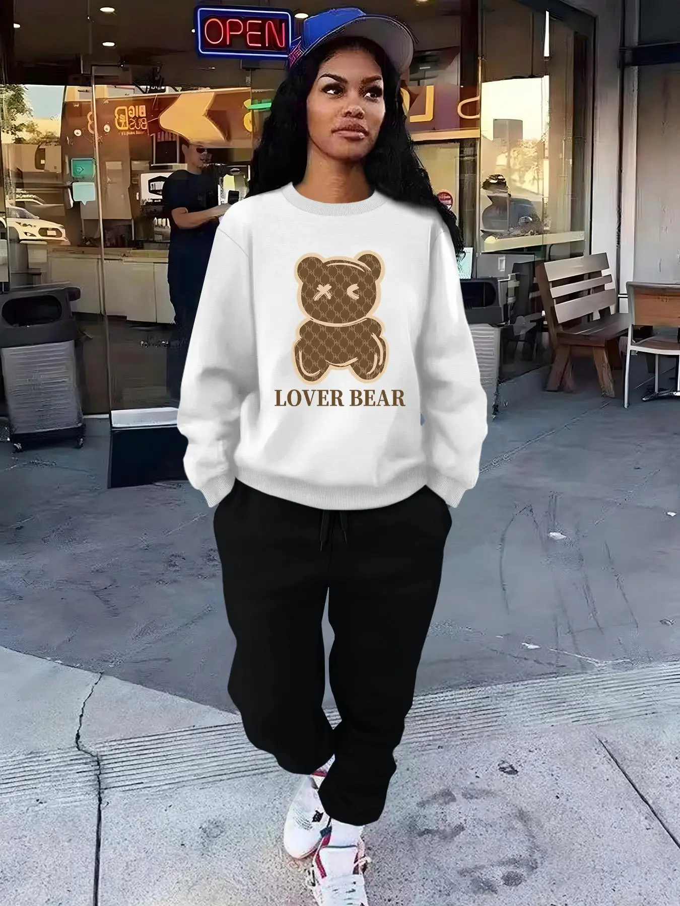 Women's Cartoon Bear Print Sweatshirt & Pocket Sweatpants Two-Piece Set, Casual Fashion Drop Shoulder Long Sleeve Pullover & Elastic Waist Trousers, Women's Two-Piece Outfits for Fall & Winter