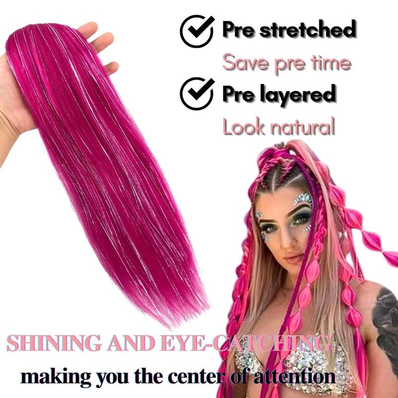 Tinsel Fashion Braiding Hair Pre stretched Magenta Pink Braiding Hair for Glitter Braids Festival Braids