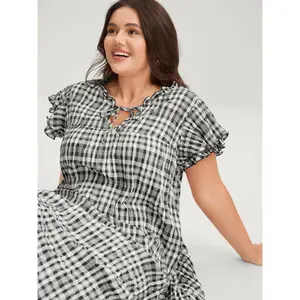 BLOOMCHIC Women's Plus Size Tummy Flattering Sweet Plaid Casual Dress - Polyester-Spandex Fabric Black Fit Swimweek