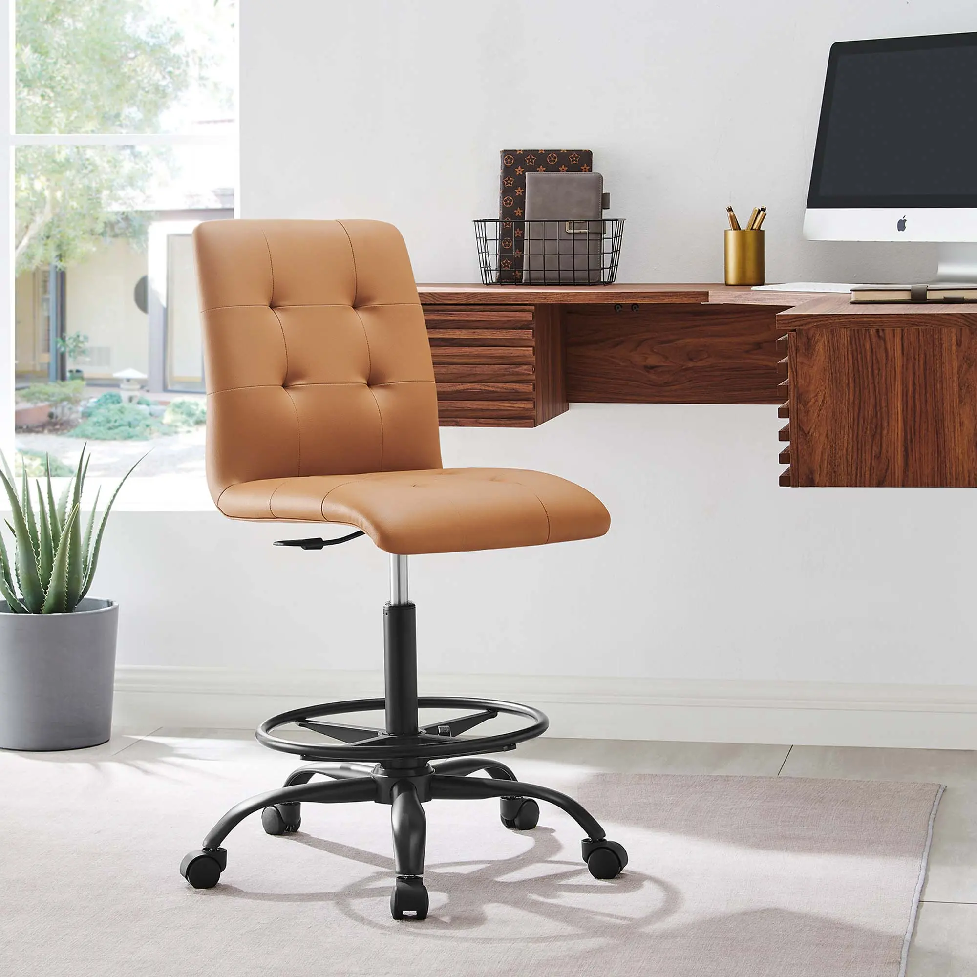 Modway Prim Armless Vegan Leather Drafting Chair in Black Tan