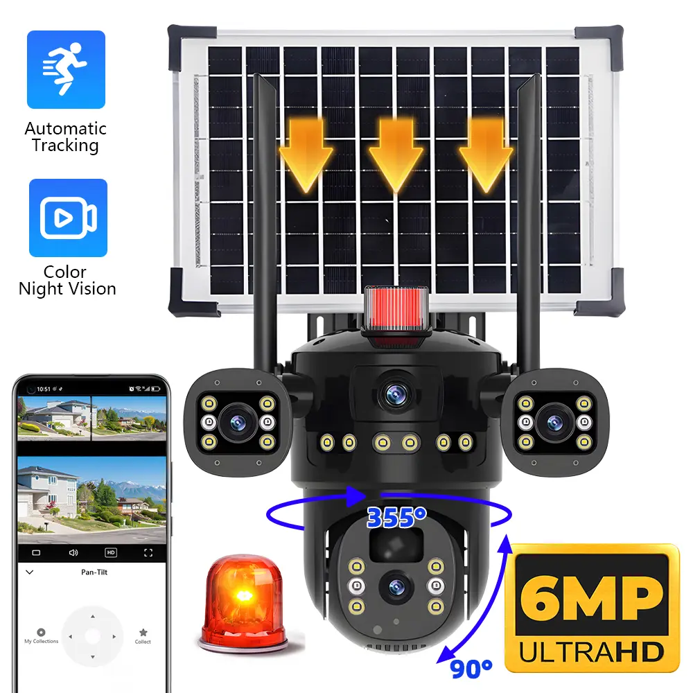 Solar WiFi Security Camera 3‑Lens 6MP Ultra HD 355° PTZ Outdoor Surveillance Camera 8000mAh Built‑in Battery Full‑Color Night Vision AI Auto‑Tracking Two‑Way Audio PIR Human Motion Detection IP66 Waterproof