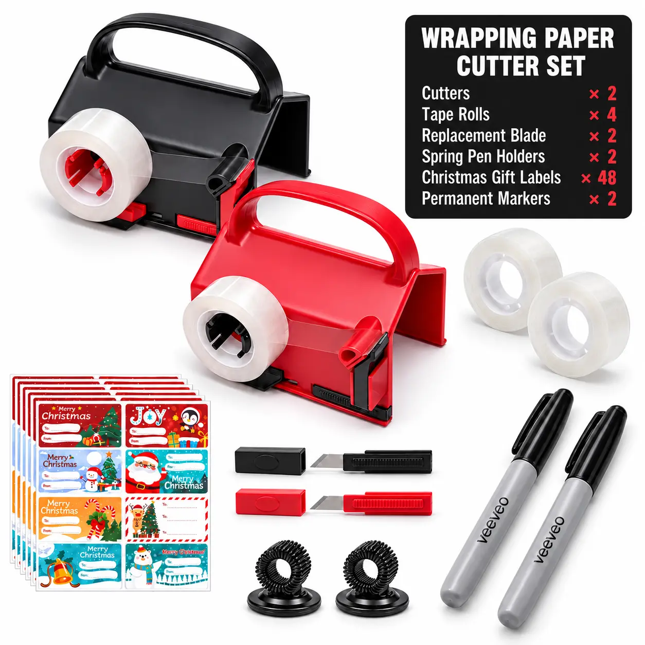 Veeveo Wrapping Paper Cutter Set with 2 Cutters, 4 Tape Rolls, 2 Replacement Blades, 2 Spring Pen Holders, 48 Christmas Gift Labels, 2 Permanent Markers