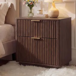 Fluted Mid-Century Nightstand with Charging Station, 23" 2-Drawer, Modern Curved Profile End Table for Bedroom & Living Room