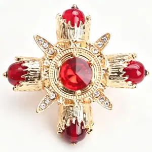 Gorgeous Cross Shaped Brooch Red Gems Rhinestones Exquisite Retro Style Jewelry for Women Gift