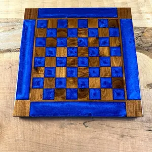 Black Walnut Deep Blue Chess Board Handmade with Pieces 16x16in Epoxy Resin Tabletop Game for Tournament Players