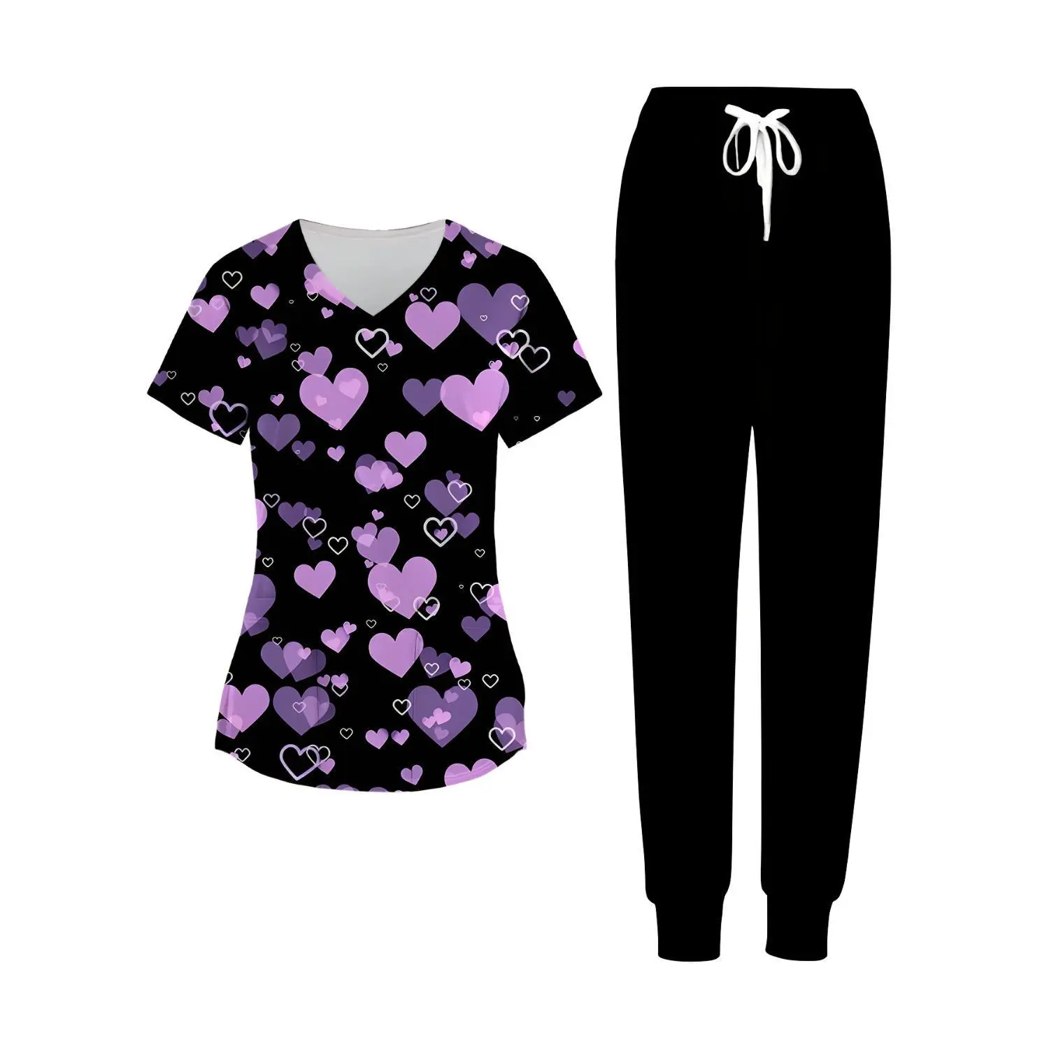 Women's Plus Size Nursing Scrubs 2-Piece Set - Purple Hearts V-Neck Top & Black Jogger Pants - Comfortable Fabric for Work or Casual Wear - Ideal Gift