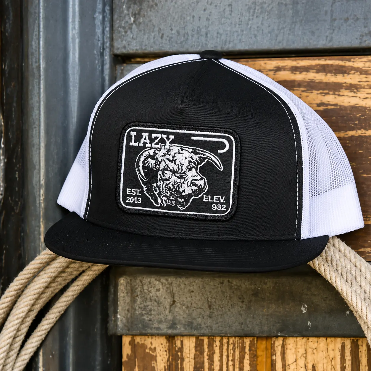 Lazy J Rank Black & White Black Elevation Classic Five Panel Trucker Hat | Lazy Bull Trucker Cap | Cowboy Ranch Mesh Snapback Hat | Western Cattle Flat Bill Cap