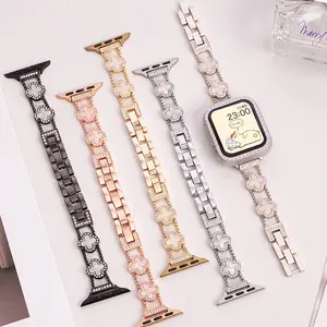 Metal Clover Mother-of-Pearl Watch Band with Rhinestone Accents Compatible with Apple Watch Series 10 & 11 – Women’s Bracelet Strap
