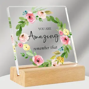 Flower Pattern Acrylic Plaque with Wooden Stand, Inspirational Desk Decor, Home Office Decor, Encouragement Cheer Up Gift, Office Inspiration Positive Plaque for Women Colleagues Best Friends, Signs, Signage
