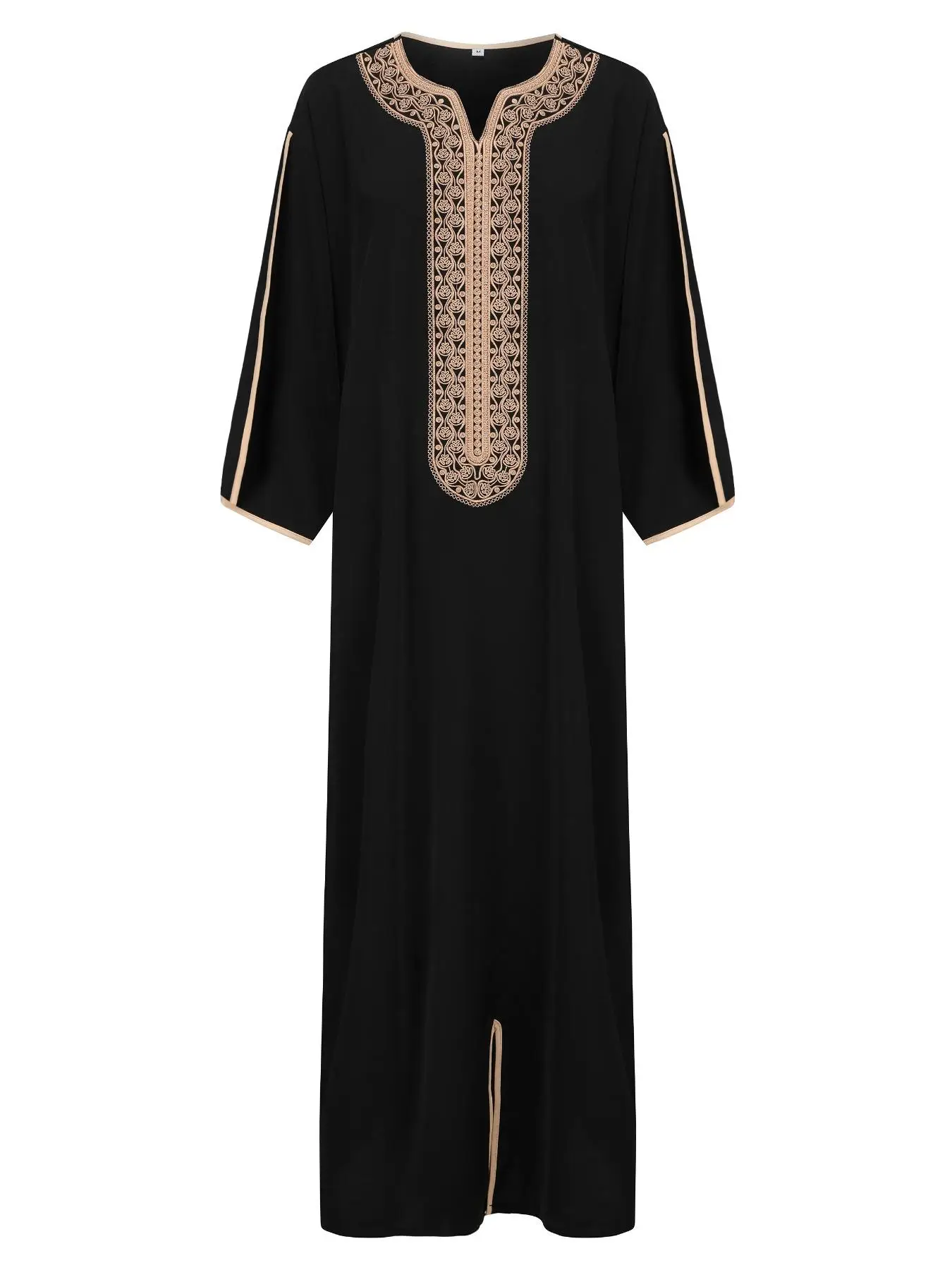 Embroidering Side Stripe Split Hem Notched Neck Kaftan, Arabic Clothing, Regular Fit Modest Drop Shoulder Long Sleeve Kaftan Dress, Islamic Clothing
