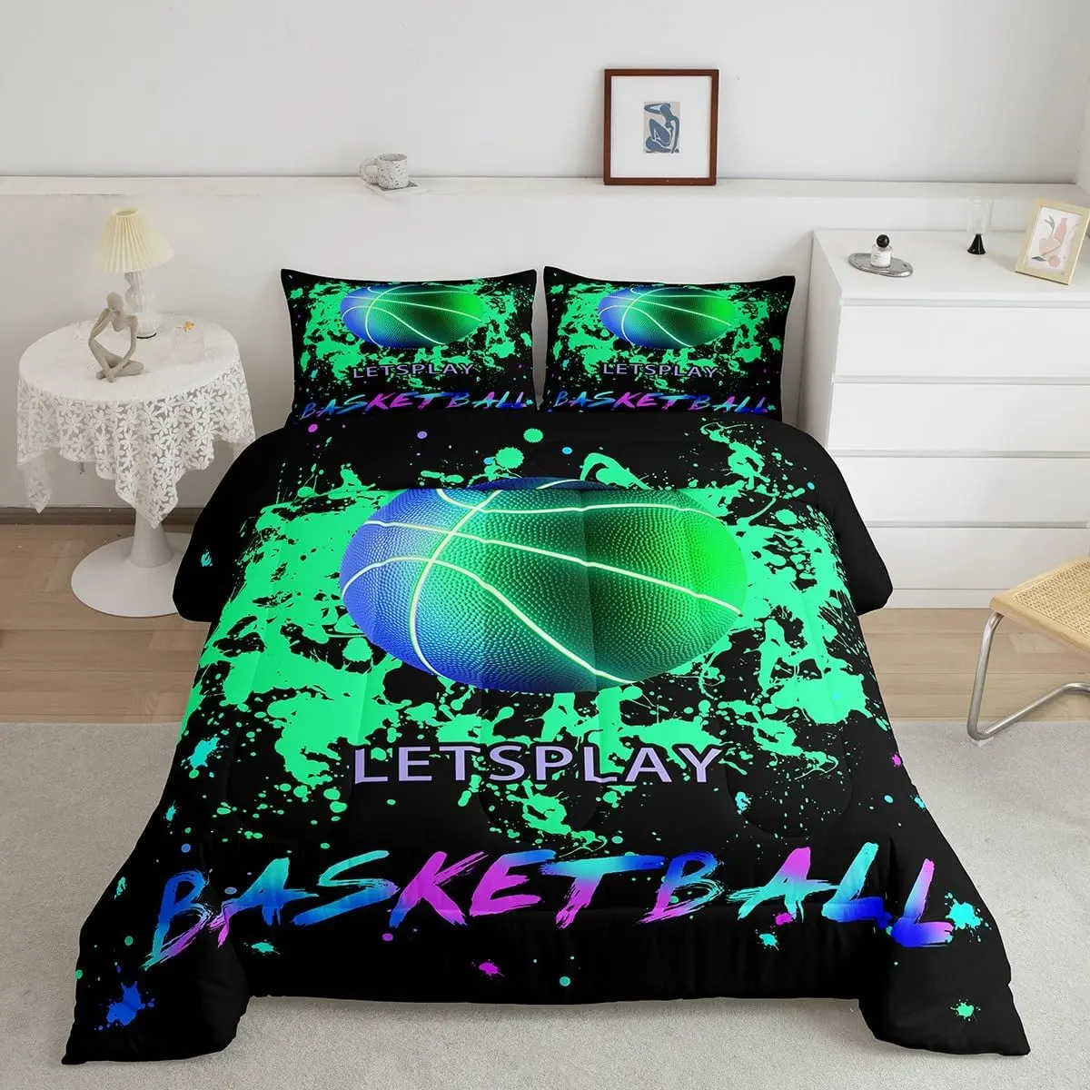 Feelyou Twin Size 3D Basketball Microfiber Quilt Set - Cool, Breathable Sports Theme Bedding with Geometric Digital Print Green Blue Neon Galaxy Decor for Gaming Enthusiasts' Dorm Room Plush Use, Cool Bedding Set, Modern