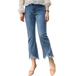 CHARTOU Women Cute Stretch Denim Jeans Ripped Distressed Frayed Hem Denim Pants Tassel Fringe Cropped Jeans