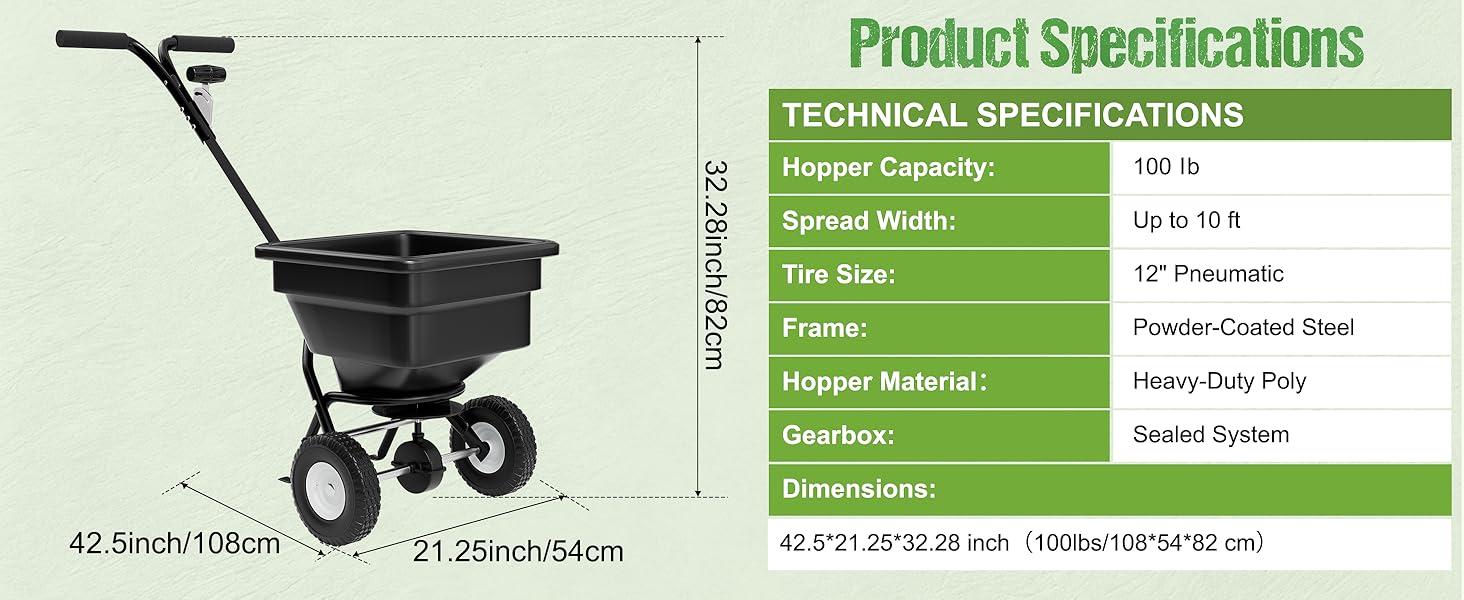 Fertilizer Spreader 100LB Capacity, Walk-Behind Push Broadcast Spreader with Hopper Screen & Rain Cover, 0–10FT Spreading Width, Seed & Salt Spreader, 12" Pneumatic Wheels, 30-Level Flow Control