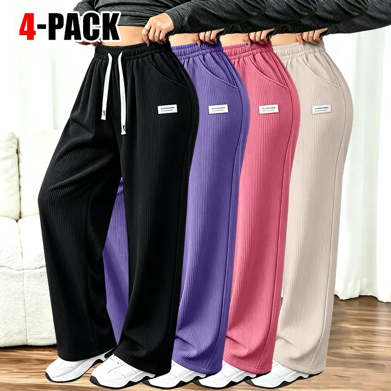 Women's Corduroy Casual Pants 4-Pack, Solid Color, Drawstring Waist, Comfortable Breathable Straight-Leg, Suitable for Everyday Wear & Outdoor Travel