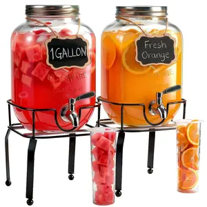 2 Pack 1 Gallon Glass Drink Dispenser with Stand – 304 Stainless Steel Leakproof Spigot, Perfect for Parties, Sun Tea, Homemade Juice & Lemonade