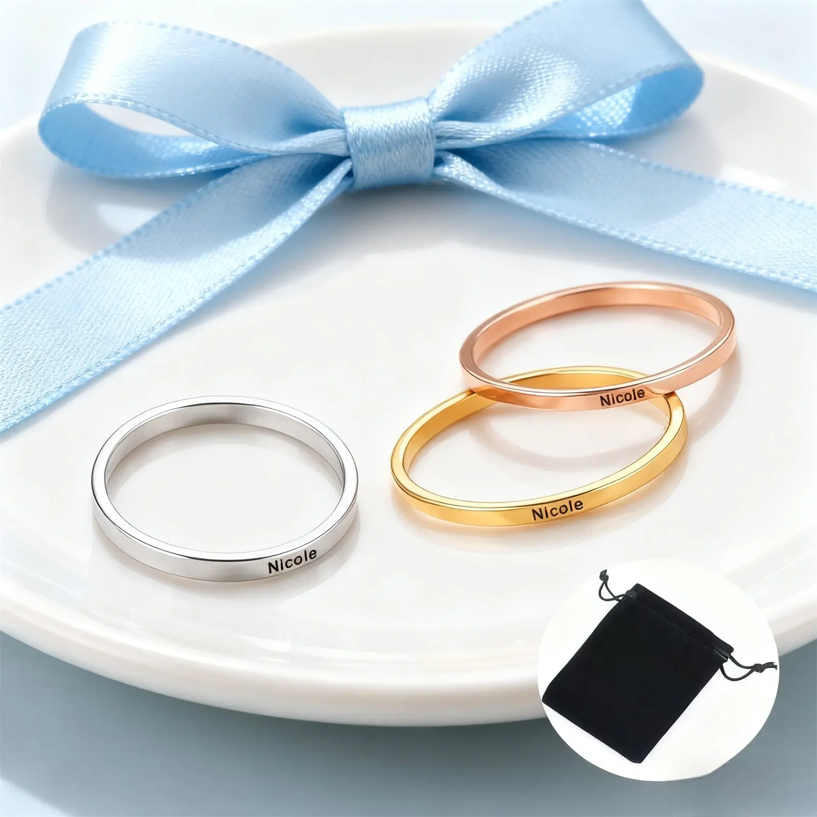 Customized Name Date Couple Ring Stainless Steel 3MM Wide Plain Ring Inspirational Words Ring Jewelry Gift Valentine's Day Gift