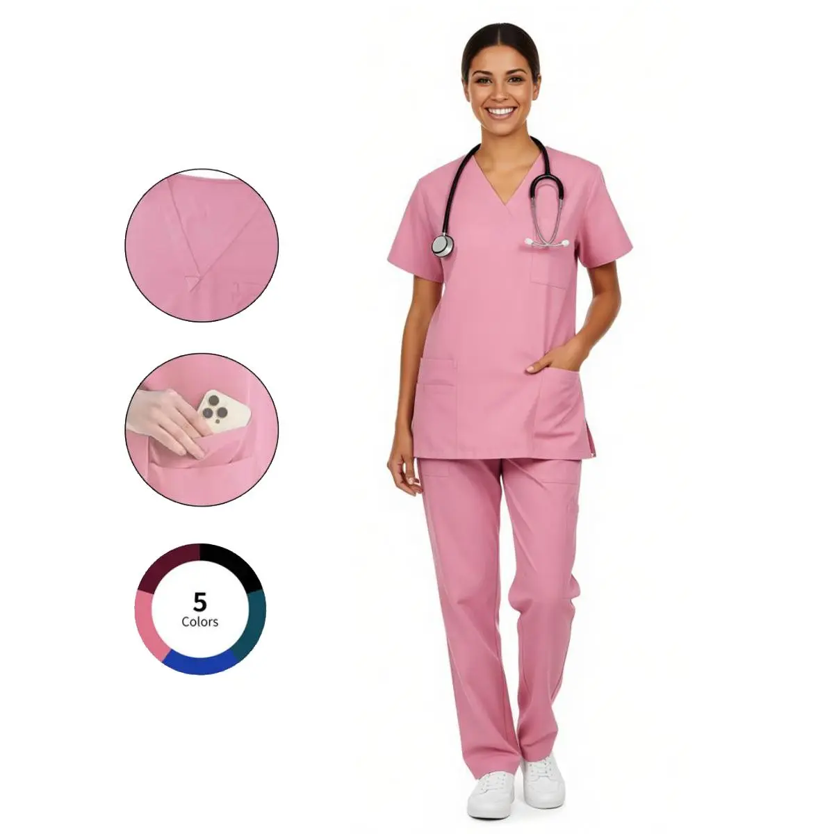 VICOGARD Pink Scrub Set for Women Modern V-Neck Medical Uniform with 9 Pockets High Waisted Straight Leg Pants Soft Stretchy Athletic Fit - Women Workwear Blue Basic Casual Womenswear