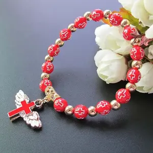 Faith-Inspired Angel Wing Cross Beaded Bracelet | 3 Color Options (Red/Black/White) | Ideal Gift for Baptism & Confirmation