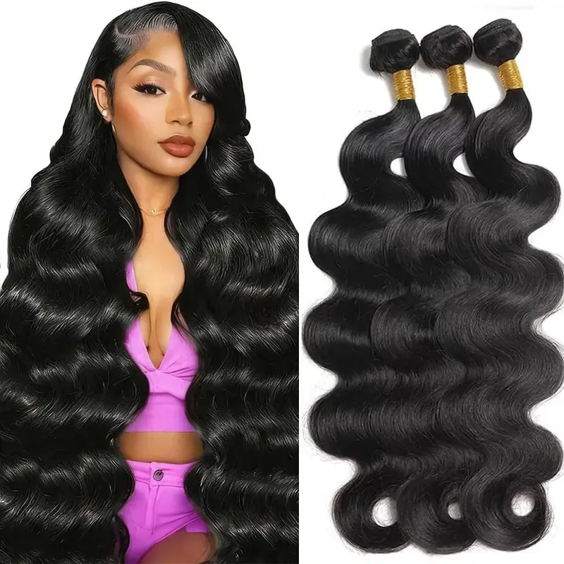Asakiss Hair Body Wave Bundles Human Hair 100% Unprocessed Brazilian Virgin Hair Body Wave Straight Bundles Human Hair Quick Weave Extensions Natural Black Brazilian Virgin Hair Bundles Hair Extensions Real Human Hair