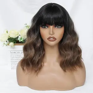 [Buy 1 Get 1 Free] SynthHalo Wig Ombre Brown Synthetic Hair with Bangs for Women 14 Inch Short Bob Wavy Curly Wig Ombre Brown Hair Wigs Heat Resistant Synthetic Wigs