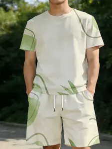 Summer Collection Men's Shorts + Short Sleeve 2-Piece Set, 3D All-Over Print Green Abstract Leaves & Curved Lines, Loose Breathable Quick-Dry Casual Set