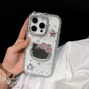 Fashion Glitter Hello Kitty Mirror Phone Case For iPhone 17 16 15 14 13 12 Pro Max Plus Cute Shockproof Protective Case