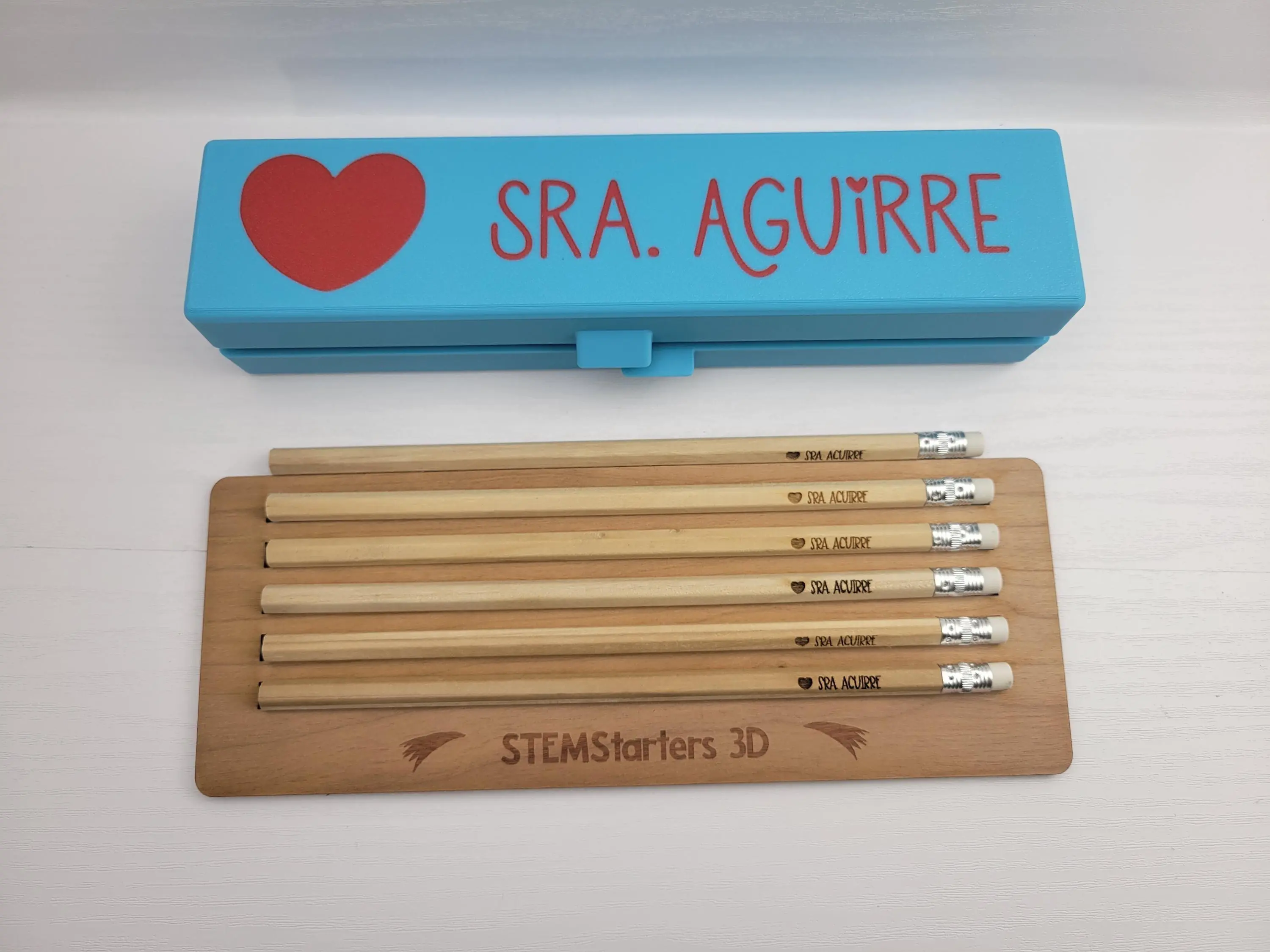 Heart 3D Printed Pencil Box with Personalized Pencils Laser Engraved Gifts