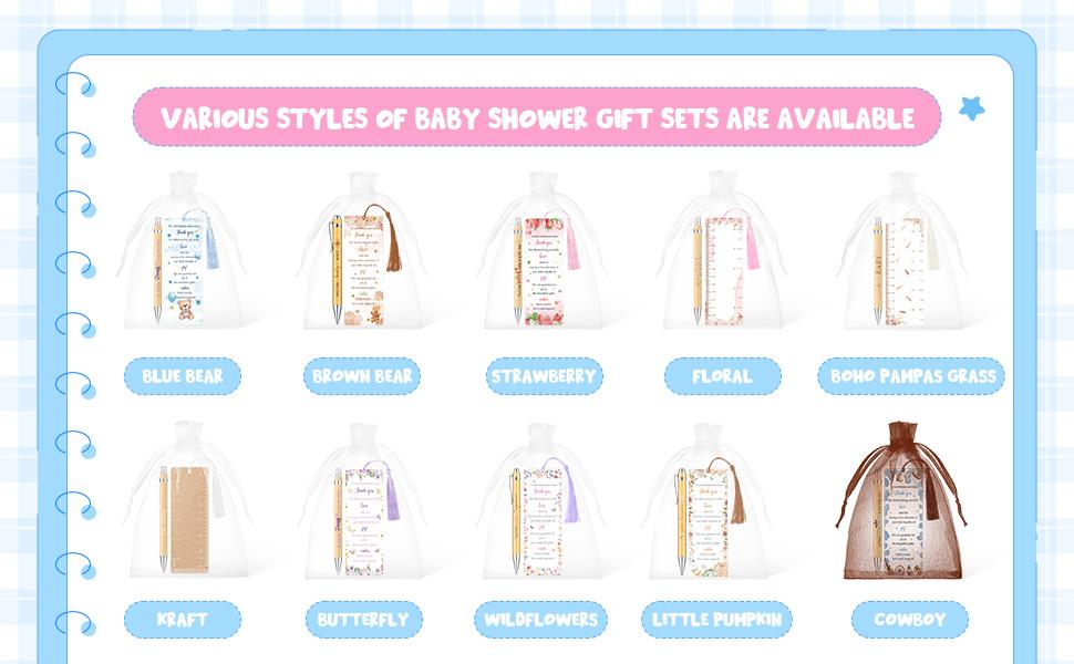 50Pcs Baby Shower Gifts Set Bulk Ballpoint Pens for Guests Parents Friends Family Cute Design with 50 Pens 50 Thank You Bookmarks 50 Organza Bags Ideal for Party Favors for Baby Shower Party Gender Reveal Christening Party Supplies