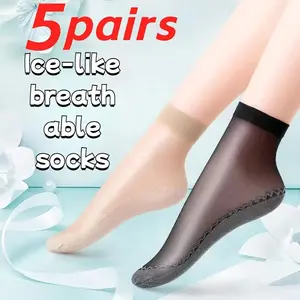 5 Pairs Women's Ankle Socks - Silky Nylon, Soft & Breathable with Anti-Slip Cotton Sole, Thin Elastic Daily Socks