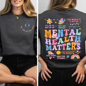 Gildan Mental Health Matters Sweatshirt 2 Sides Women's Inspirational Crewneck Fitted Casual Cotton Top Black Size S-5XL