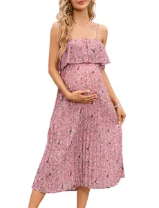 Maternity Floral Ruffle Midi Dress | Spaghetti Strap Pleated Boho Summer Dress for Baby Shower & Photoshoot, Multiple Colors