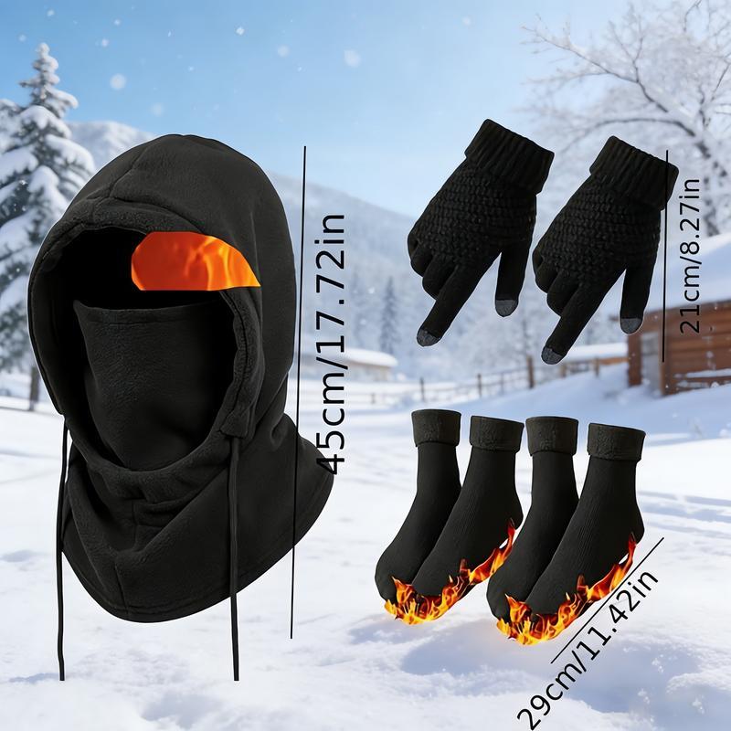 3 or 4-Piece Winter Warmth Set - Windproof and Warm Full-Face Mask Hooded Jacket, Gloves, and Thermal Socks - Extreme Cold Weather Gear for Skiing, Cycling, Snowboarding - Unisex for Adults (Hand Washable) - Ideal Christmas and New Year Gift
