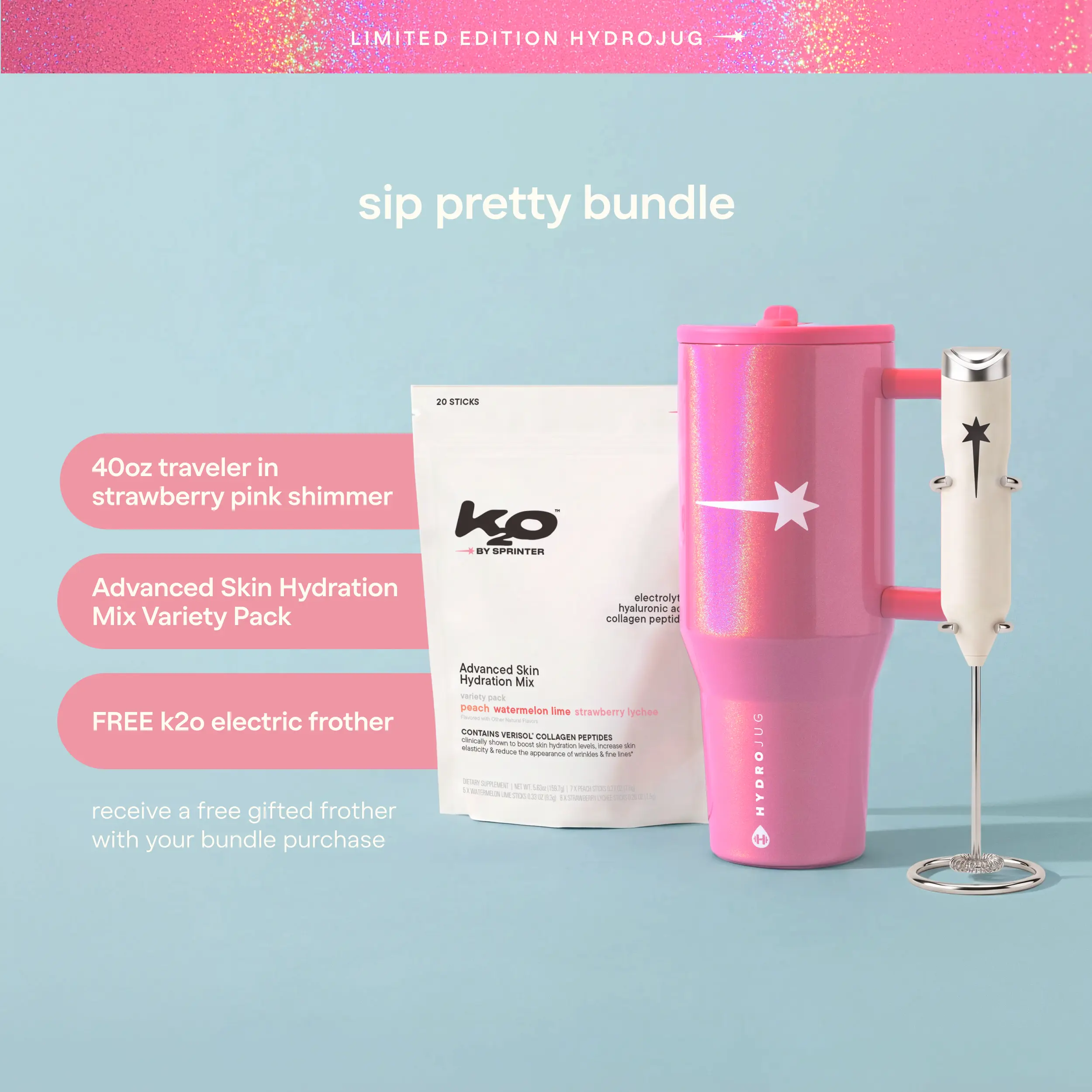 k2o x HydroJug Traveler in Strawberry Pink Shimmer 40oz k2o x HydroJug Traveler in Strawberry Pink Shimmer 40oz